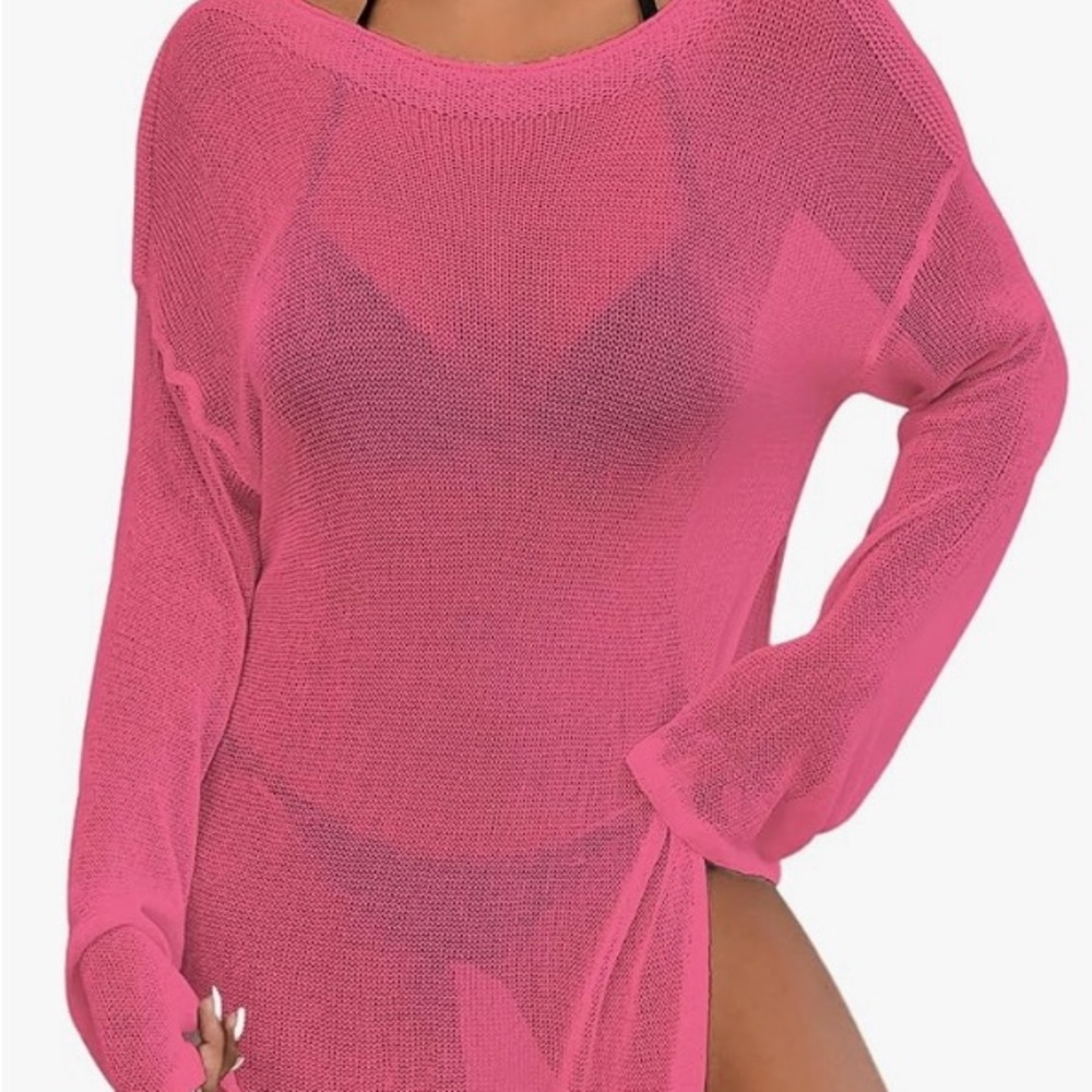 Bsubseach Rose Pink Crochet Swimsuit Coverup for Women L Sheer Bathing Suit